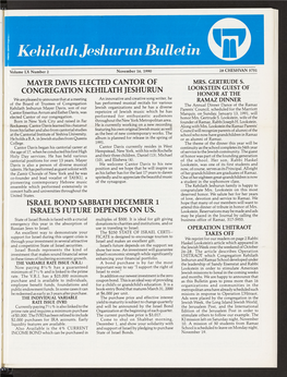Kehilathjeshurunbulletin © Volume LX Number 2 November 16, 1990 28 CHESHVAN 5751