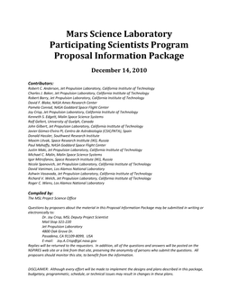 Mars Science Laboratory Participating Scientists Program Proposal