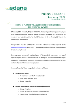 PRESS RELEASE January 2020 for Immediate Release