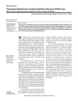 Natural Parasitization by Certain Parasitoids on the Pests of Field Crops RENU YADAV, NEELAM YADAV, RANJANA YADAV and R.R