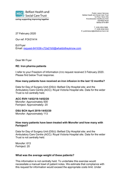 27 February 2020 Our Ref: FOI/21414 Ed Fryer Email: Request-641636