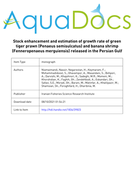 Penaeus Semisulcatus) and Banana Shrimp (Fenneropenaeus Merguiensis) Released in the Persian Gulf