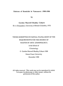 Patterns of Homicide in Vancouver, 1980-1986