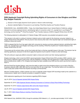 DISH Applauds Copyright Ruling Upholding Rights of Consumers to Use Slingbox and Other Key Hopper Features