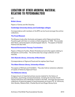 Location of Other Archival Material Relating to Psychoanalysis