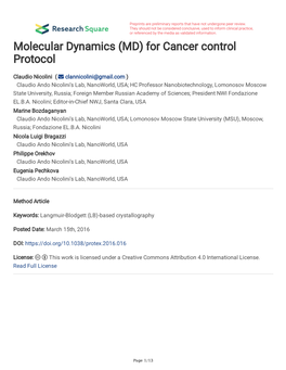 Molecular Dynamics (MD) for Cancer Control Protocol