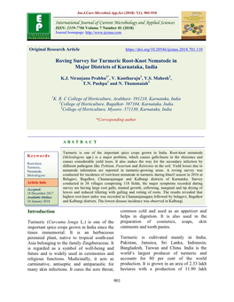 Roving Survey for Turmeric Root-Knot Nematode in Major Districts of Karnataka, India