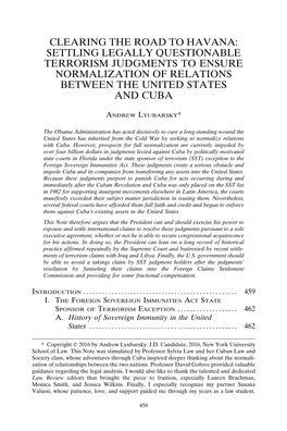 Clearing the Road to Havana: Settling Legally Questionable Terrorism Judgments to Ensure Normalization of Relations Between the United States and Cuba