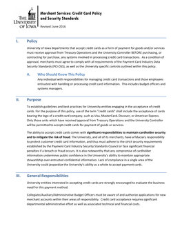 Merchant Services: Credit Card Policy and Security Standards