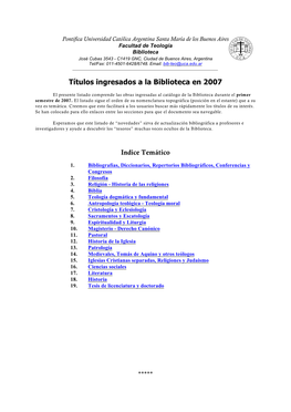 Títulos Ingresados a La Biblioteca En 2007