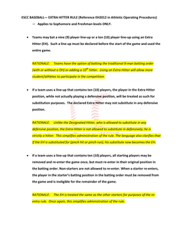 ESCC BASEBALL— EXTRA HITTER RULE (Reference EH2012 in Athletic Operating Procedures) — Applies to Sophomore and Freshman Levels ONLY