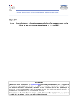 Chronologie Non Exhaustive Des Principales Offensives Menées Sur La Ville Et Le Gouvernorat De Qouneitra De 2011 À Mai 2021