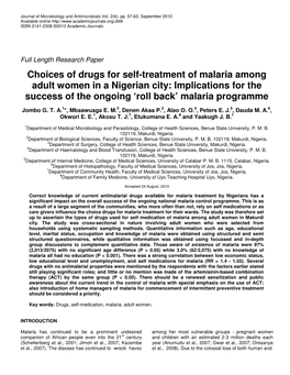 Choices of Drugs for Self-Treatment of Malaria Among Adult Women in a Nigerian City: Implications for the Success of the Ongoing ‘Roll Back’ Malaria Programme