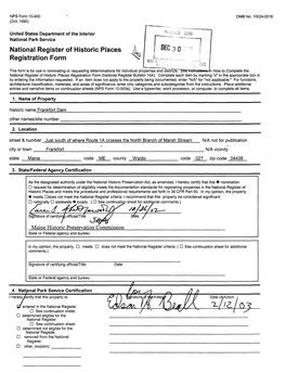 National Register of Historic Places Continuation Sheet FRANKFORT DAM WALDO CO