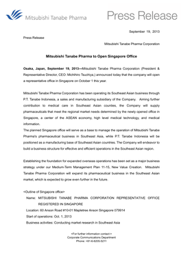 Mitsubishi Tanabe Pharma to Open Singapore Office
