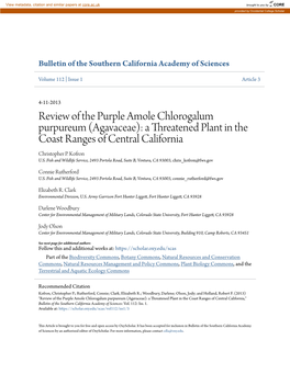 Review of the Purple Amole Chlorogalum Purpureum (Agavaceae): a Threatened Plant in the Coast Ranges of Central California Christopher P