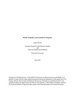 Health, Inequality, and Economic Development Angus Deaton Research Program in Development Studies and Center for Health and Well