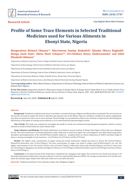 Profile of Some Trace Elements in Selected Traditional Medicines Used for Various Aliments in Ebonyi State, Nigeria