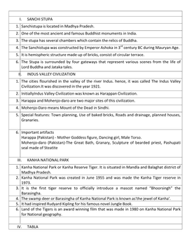 I. SANCHI STUPA 1. Sanchistupa Is Located in Madhya Pradesh. 2. One of the Most Ancient and Famous Buddhist Monuments in India. 3
