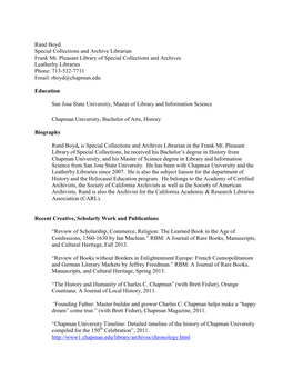 Rand Boyd Special Collections and Archive Librarian Frank Mt. Pleasant Library of Special Collections and Archives Leatherby