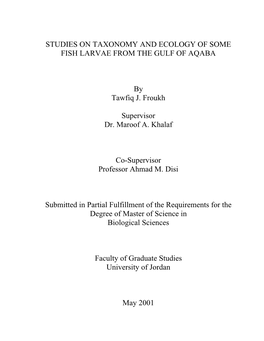 Studies on Taxonomy and Ecology of Some Fish Larvae from the Gulf of Aqaba