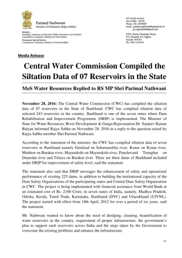 Central Water Commission Compiled the Siltation Data of 07 Reservoirs in the State