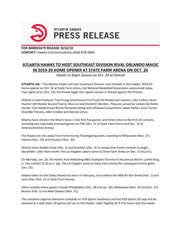 Atlanta Hawks to Host Southeast Division Rival Orlando Magic in 2019-20 Home Opener at State Farm Arena on Oct