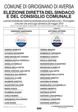 Liste Dei Candidati Per L'elezione Diretta Alla Carica Di Sindaco E Di N