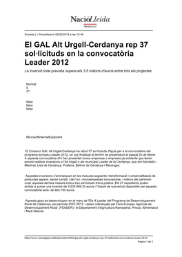 El GAL Alt Urgell-Cerdanya Rep 37 Sol·Licituds En La Convocatòria Leader 2012 La Inversió Total Prevista Supera Els 3,5 Milions D'euros Entre Tots Els Projectes