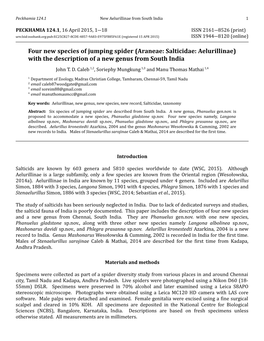 Four New Species of Jumping Spider (Araneae: Salticidae: Aelurillinae) with the Description of a New Genus from South India John T