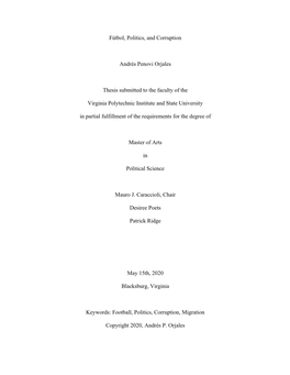 Fútbol, Politics, and Corruption Andrés Penovi Orjales Thesis Submitted To