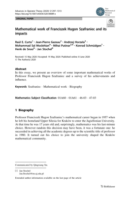 Mathematical Work of Franciszek Hugon Szafraniec and Its Impacts