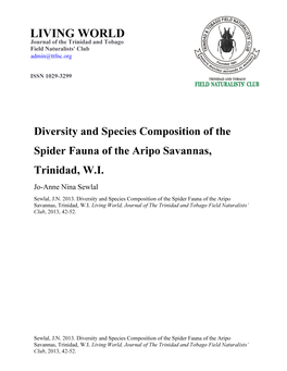 Diversity and Species Composition of the Spider Fauna of the Aripo Savannas, Trinidad, W.I