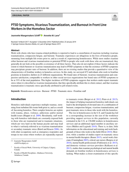 PTSD Symptoms, Vicarious Traumatization, and Burnout in Front Line Workers in the Homeless Sector