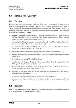 4.0 Mcarthur River Diversion 4.1 Purpose 4.2 Summary