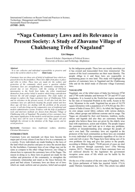 Naga Customary Laws and Its Relevance in Present Society: a Study of Zhavame Village of Chakhesang Tribe of Nagaland”