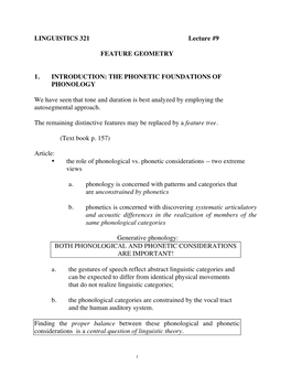 LINGUISTICS 321 Lecture #9 FEATURE GEOMETRY 1