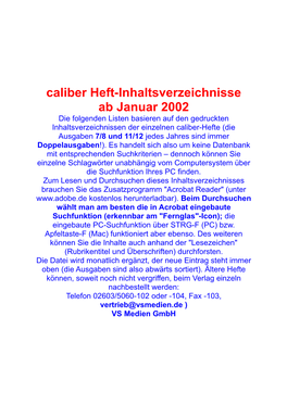 Caliber Heft-Inhaltsverzeichnisse Ab Januar 2002