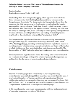 Defending Whole Language: the Limits of Phonics Instruction and the Efficacy of Whole Language Instruction