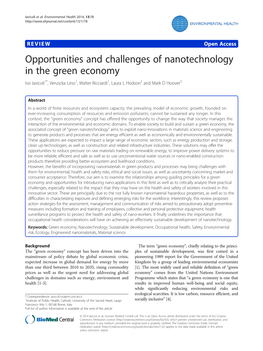 Opportunities and Challenges of Nanotechnology in the Green Economy Ivo Iavicoli1*, Veruscka Leso1, Walter Ricciardi1, Laura L Hodson2 and Mark D Hoover3