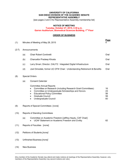 UNIVERSITY of CALIFORNIA SAN DIEGO DIVISION of the ACADEMIC SENATE REPRESENTATIVE ASSEMBLY [See Pages 2 and 3 for Representative Assembly Membership List]