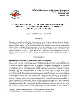 Verification of Recovery Process Under the Great Hanshin-Awaji Earthquake Disaster Based on the Recovery Index (Ri)