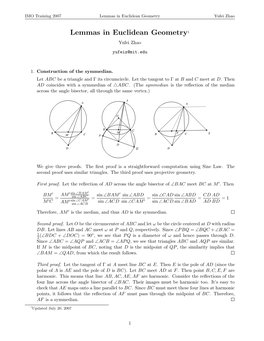 Lemmas in Euclidean Geometry1 Yufei Zhao Yufeiz@Mit.Edu