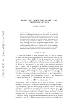 Arxiv:1207.3214V1 [Math.MG] 13 Jul 2012 Ftosubspaces Two of Esc E.Tepouto W Oe Sjs H Sa Produc Usual the Just Is Cones Two of Product Cone the a Sets