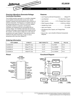 ICL8038 TM D FO NDE MME ECO OT R N Data Sheet April 2001 File Number 2864.4