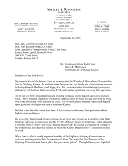 September 17, 2018 Hon. Sen. Carolyn Mcginn, Co-Chair Hon. Rep. Richard Proehl, Co-Chair Joint Legislative Transportation Vision