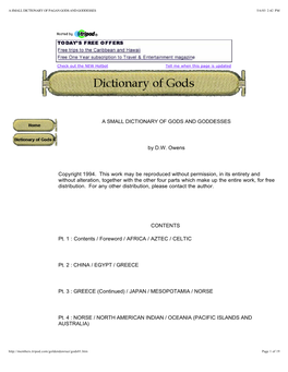 A SMALL DICTIONARY of GODS and GODDESSES by D.W. Owens Copyright 1994. This Work May Be Reproduced Without Permission, in Its En