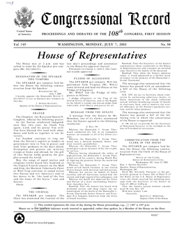 Congressional Record United States Th of America PROCEEDINGS and DEBATES of the 108 CONGRESS, FIRST SESSION