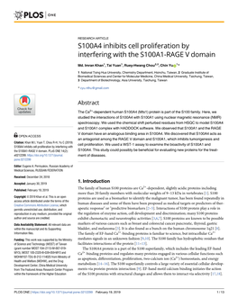 S100A4 Inhibits Cell Proliferation by Interfering with the S100A1-RAGE V Domain