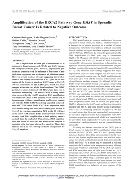 Amplification of the BRCA2 Pathway Gene EMSY in Sporadic Breast Cancer Is Related to Negative Outcome